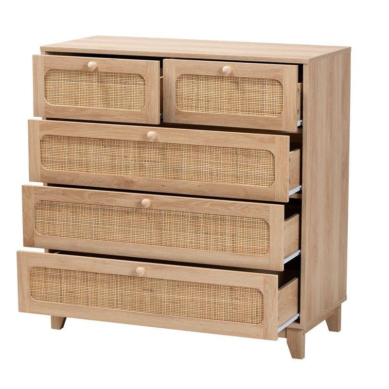 Elsbeth Wood and Natural Rattan 5 Drawer Storage Cabinet Oak Brown/Natural Brown - Baxton Studio