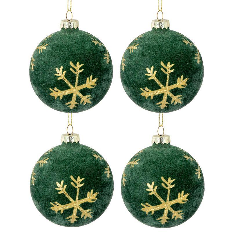 Green Velvet Glass Christmas Ball Ornaments with Gold Snowflakes, Set of 4