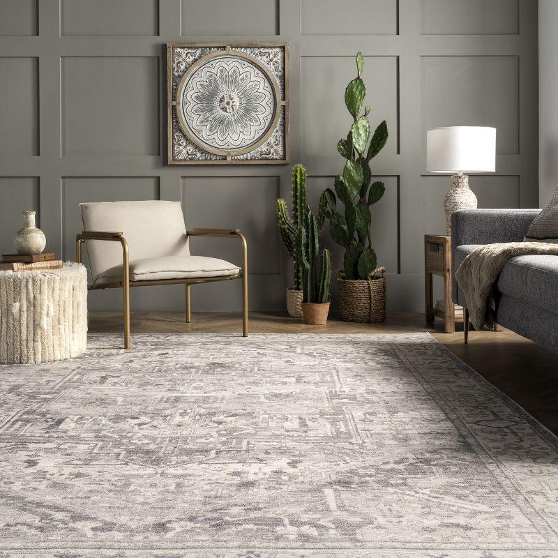 Nuloom 6 Round Machine Washable Rain Haven Vintage Medallion Indoor Area Rug, Grey Non-Slip Backing, Stain Resistant,  BedroomLiving Room, Kitchen