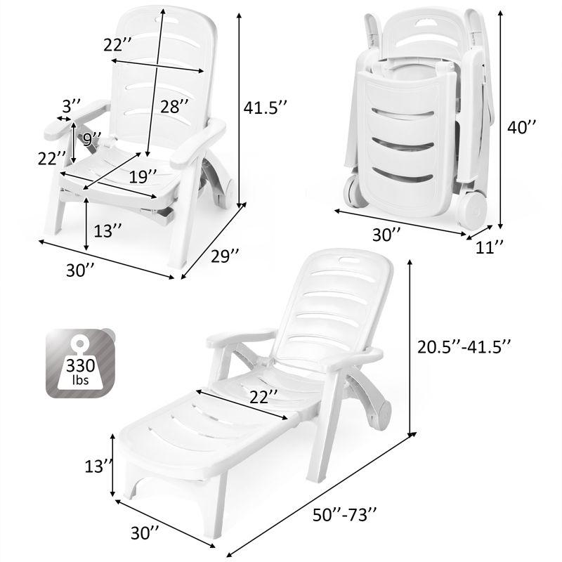 Coastal Breeze White PP Outdoor Folding Chaise Lounge with Wheels