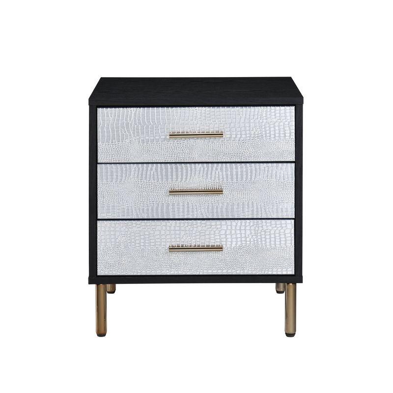 Black, Silver, and Gold 3-Drawer Faux Crocodile Nightstand