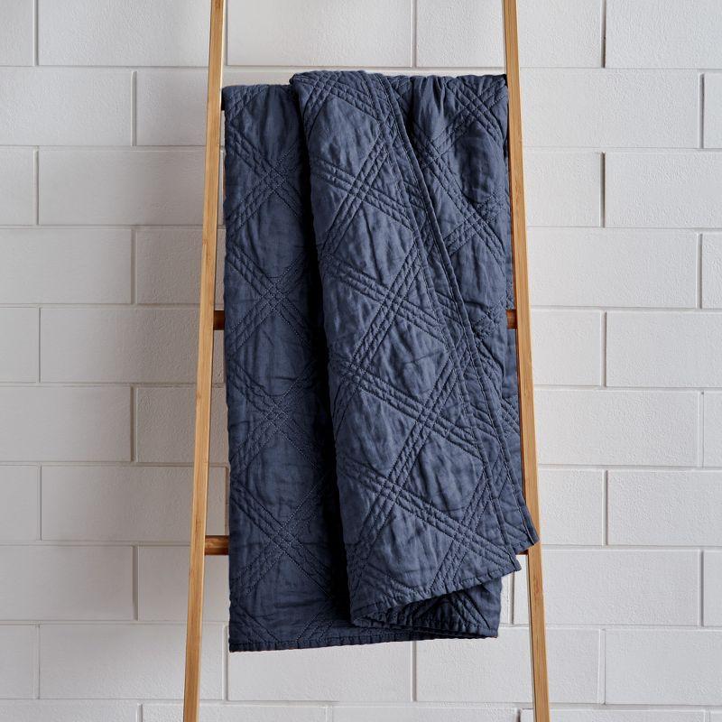 Navy Linen and Cotton Quilted Throw Blanket