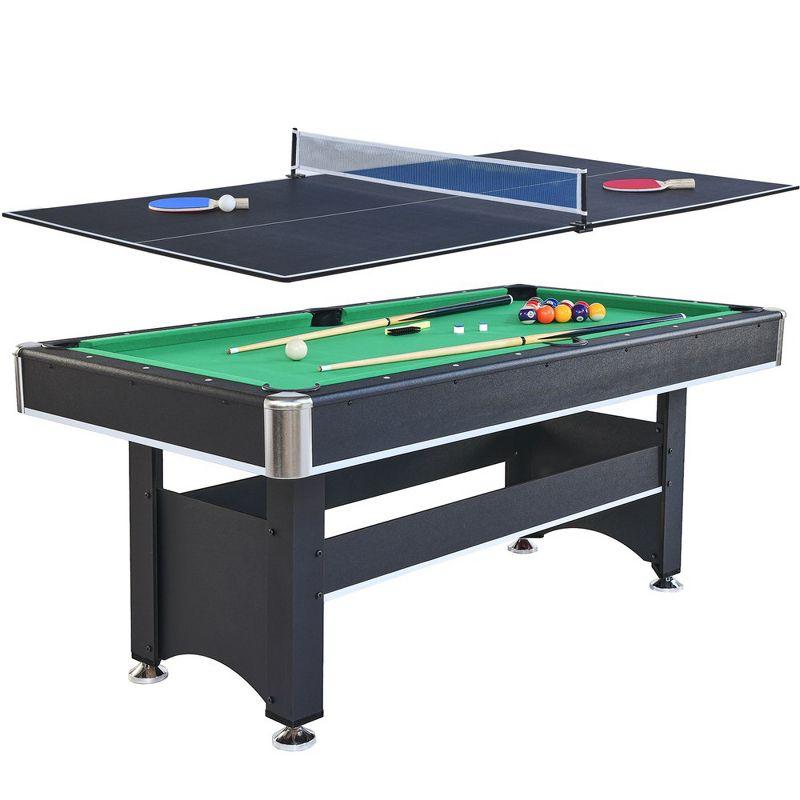 6-ft Black MDF Pool Table with Green Felt and Table Tennis Top