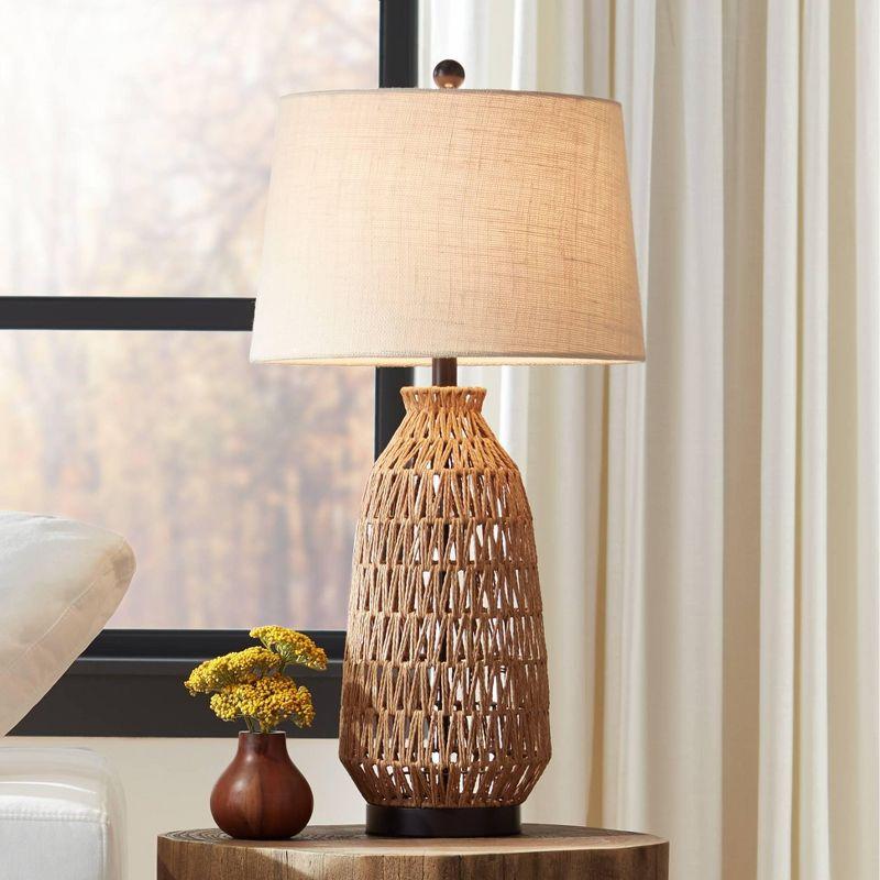 360 Lighting San Carlos Modern Coastal Table Lamp 29" Tall Natural Rattan Wicker Oatmeal Fabric Drum Shade for Bedroom Living Room Bedside Nightstand