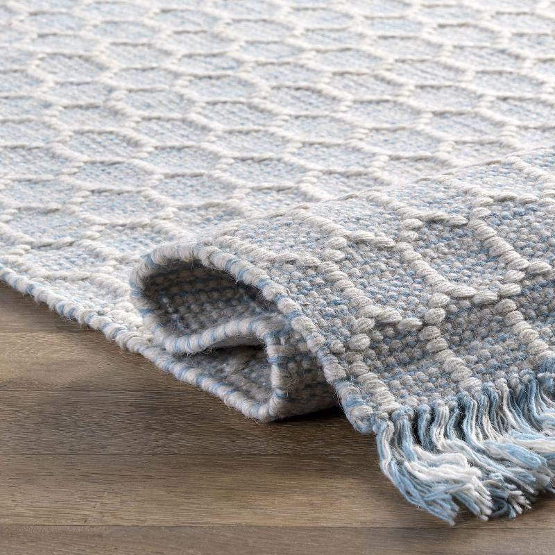 Handmade Honeycomb Geometric Wool-Cotton Rug in Baby Blue, 3' x 5'