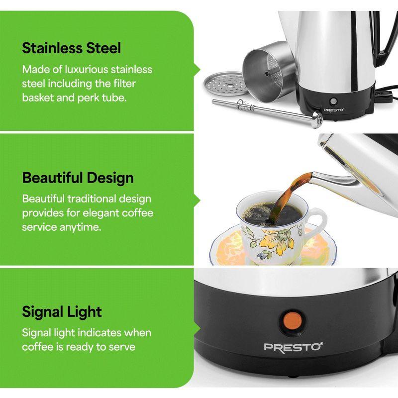 Presto Stainless Steel Coffee Maker, 12 Cup Robust Percolator Coffee Machine for Kitchens with Filter Basket and Signal Light, Silver
