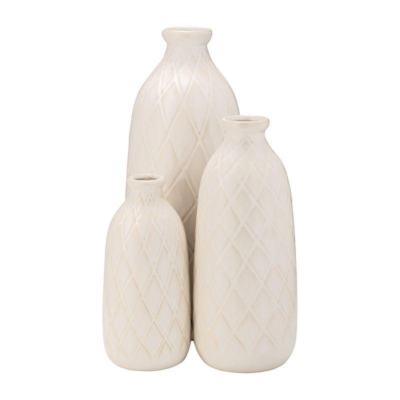 Sagebrook Home 12" Ceramic Vase - Contemporary Plaid Textured Ivory/Beige Vase For Floral Arrangements - Decorative Table Accent for Home or Office