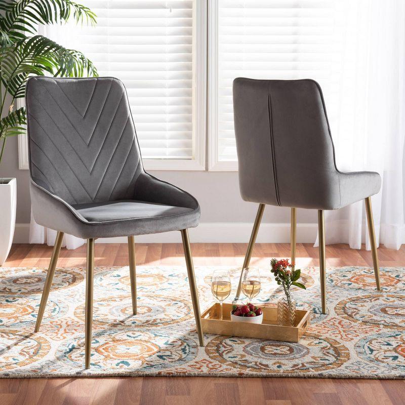 2pc Priscilla Velvet Fabric Upholstered Metal Dining Chair Set Gray/Gold - Baxton Studio