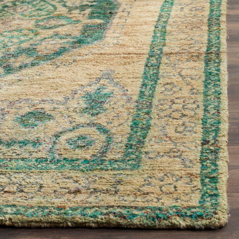 Hand-Knotted Beige and Emerald Wool Viscose 8' x 10' Rug