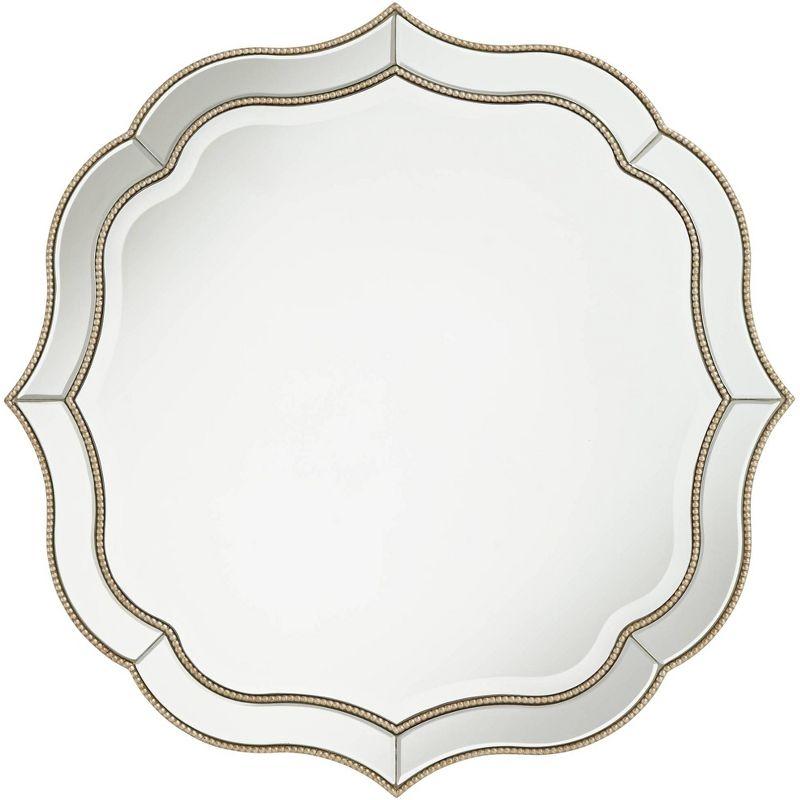 Noble Park Laureen Scalloped Round Vanity Wall Mirror Modern Beveled Glass Champagne Gold Beaded Frame 32" Wide for Bathroom Living Room Home Entryway