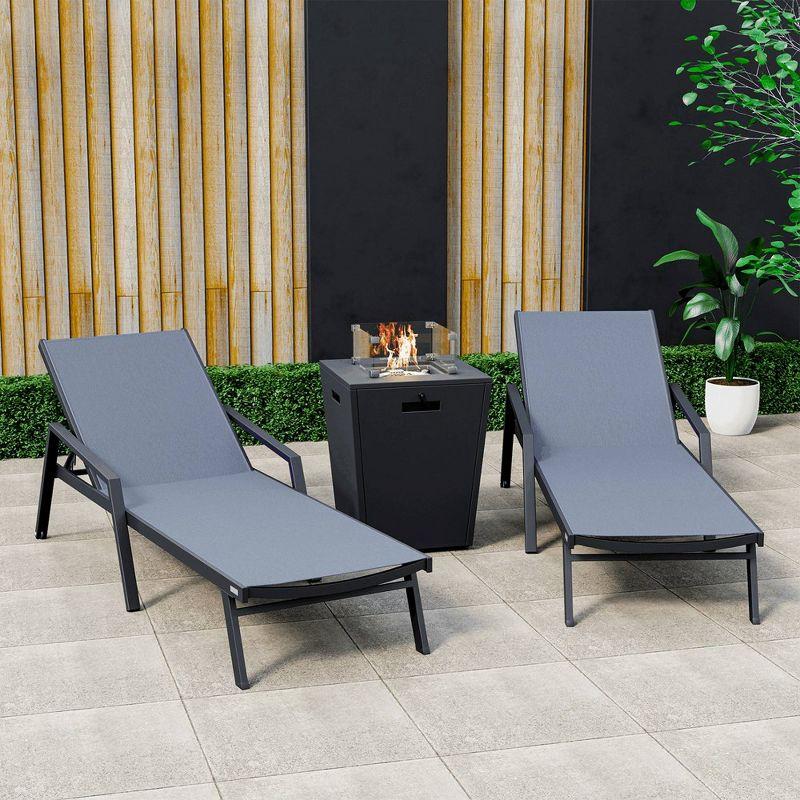 Marlin Black Aluminum Chaise Lounge Chairs with Fire Pit Table Set