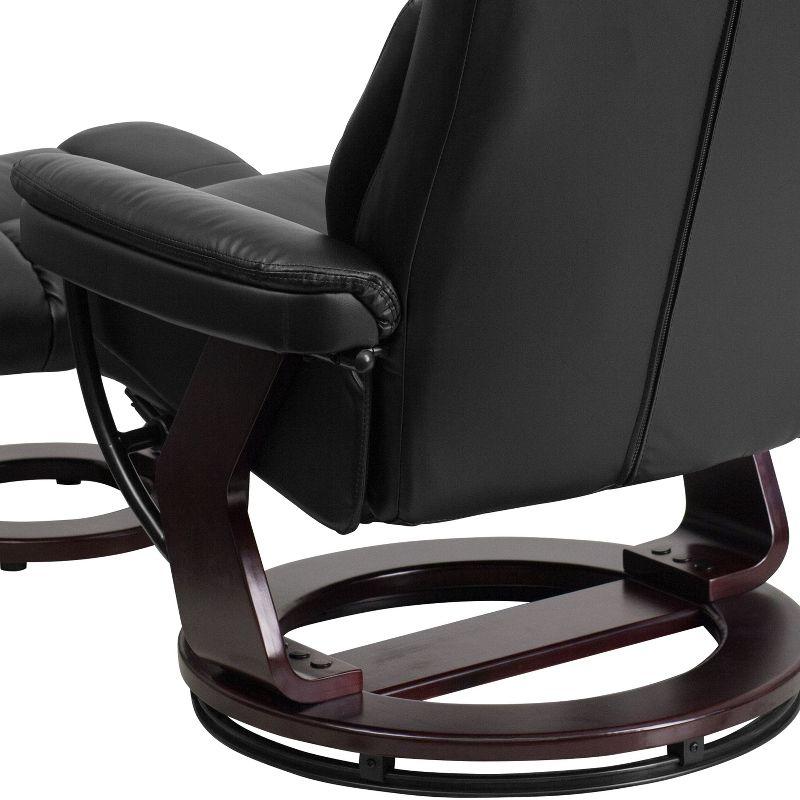 Flash Furniture Contemporary Multi-Position Recliner and Curved Ottoman with Swivel Mahogany Wood Base in Black LeatherSoft