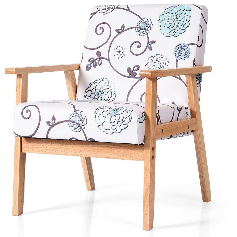 White and Blue Floral Fabric Lounge Chair with Teak Frame