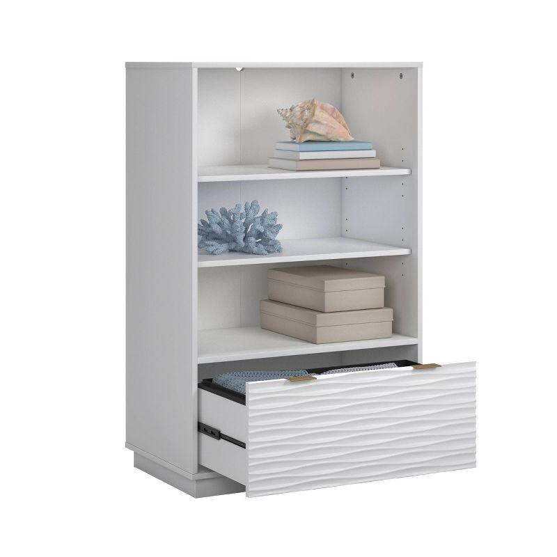 White Adjustable Wood Bookcase with Drawer and Shelves