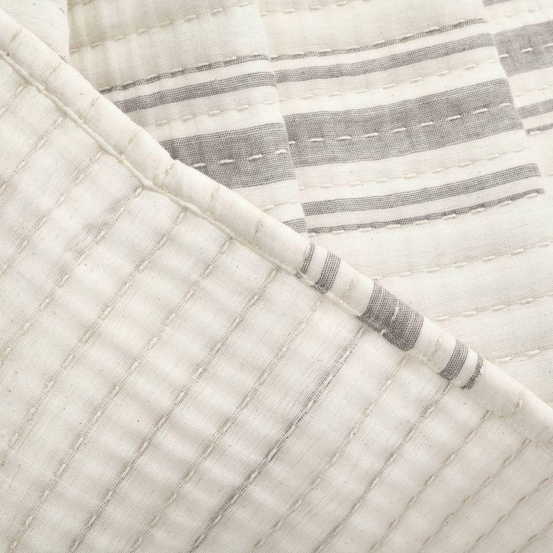 Full/Queen Farmhouse Stripe Kantha Pick Stitch Yarn Dyed Cotton Woven Single Quilt/Coverlet Gray - Lush Décor