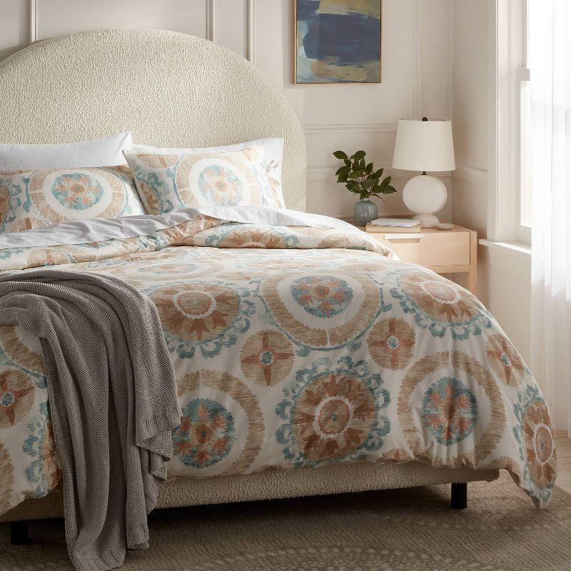 Full/Queen Ivory and Light Teal Cotton Suzani Print Duvet Cover Set