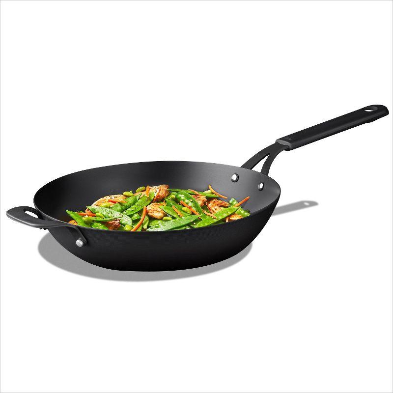 OXO 12" Steel Open Wok with Silicone Sleeve Black: Carbon Steel Pan, 12 Inch, Induction & Gas Compatible, Hand Wash