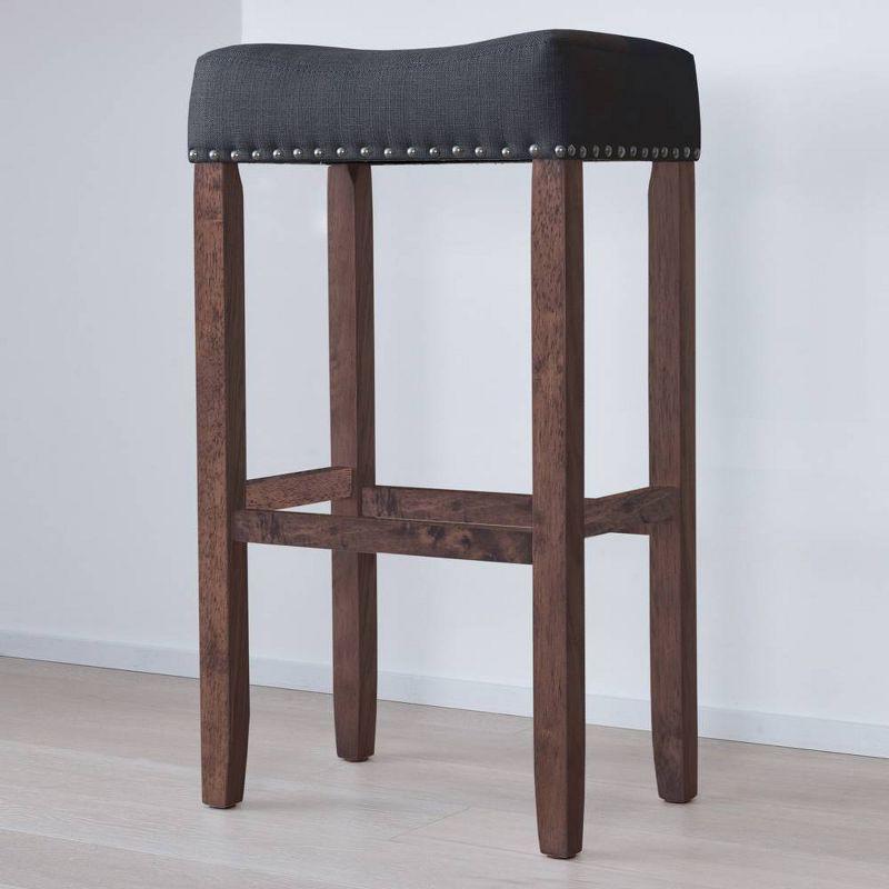 28'' Dark Brown Wood & Black Fabric Upholstered Saddle Barstool