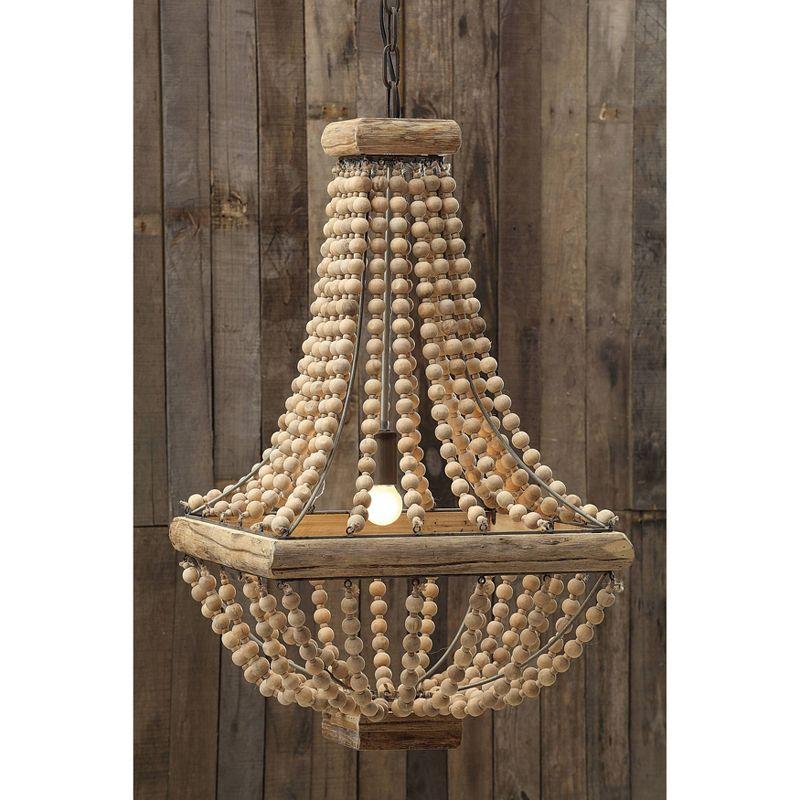 Elegant Black Cage Chandelier with Natural Wood Beads