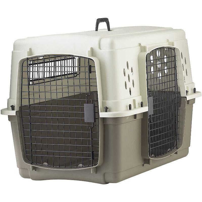 Miller Manufacturing Company Portable Plastic Hard Sided Pet Travel Crate Carrier Kennel w/ Double Doors For Dogs, Rabbits, & Animals, Beige & Taupe