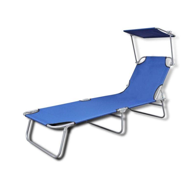 Blue Folding Sun Lounger with Adjustable Canopy and Steel Frame