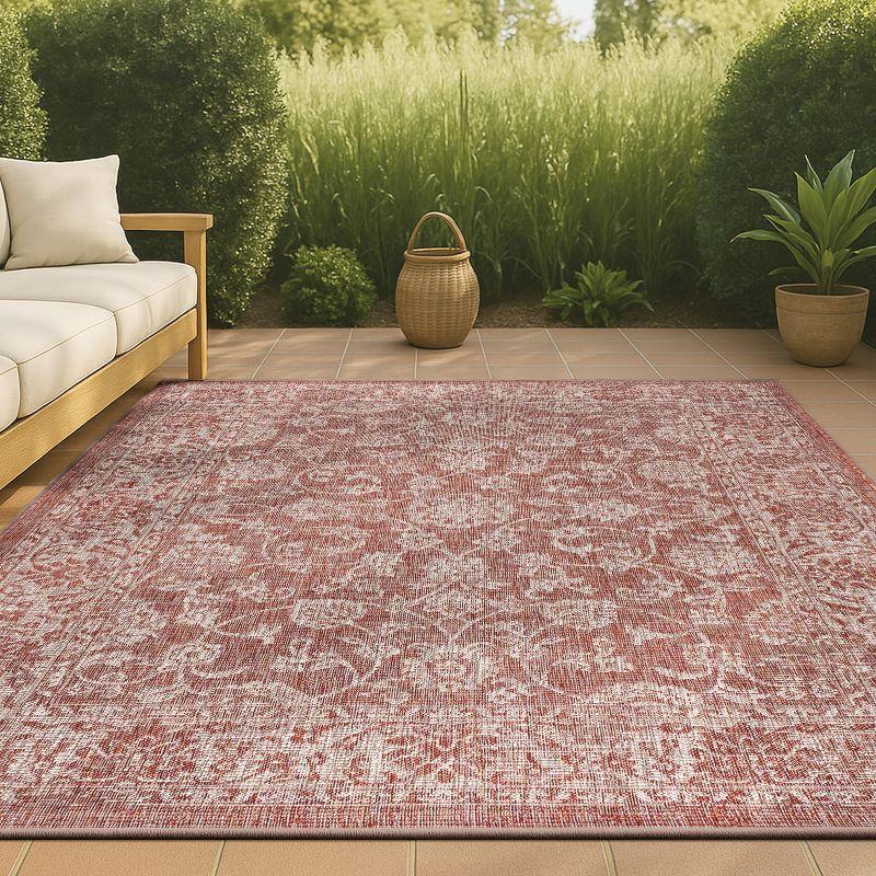 8'x10' Tela Bohemian Textured Weave Floral Indoor/Outdoor Area Rug, Red/Taupe - JONATHAN Y
