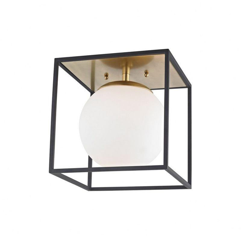 Aged Brass and Black Glass Globe Flush Mount Light