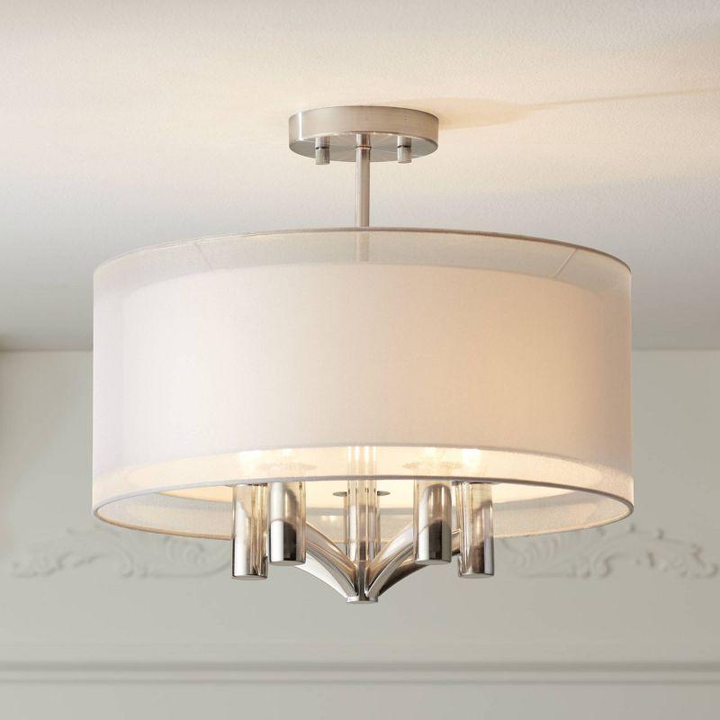 Possini Euro Design Modern Ceiling Light Semi Flush Mount Fixture Brushed Nickel 18" Wide Sheer Silver Double Drum Bedroom Kitchen