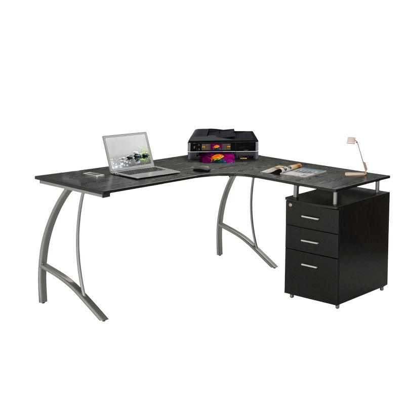 Techni Mobili Modern L Shaped Computer Desk with File Cabinet and Storage Espresso Brown: Office Workstation, MDF & Steel Construction