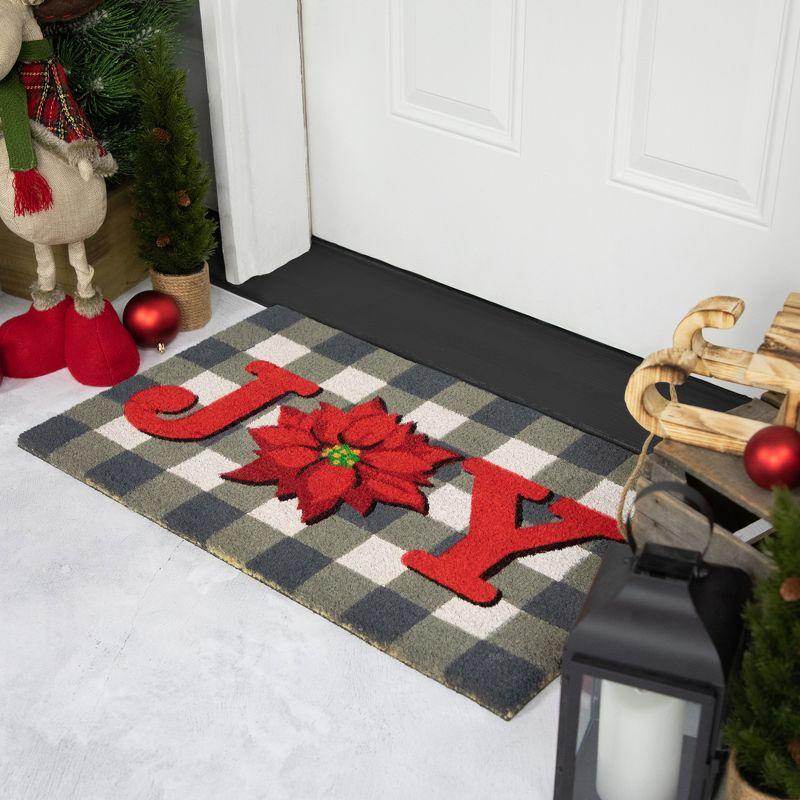 Northlight Gray and Red Poinsettia "Joy" Christmas Natural Coir Outdoor Doormat 18" x 30"