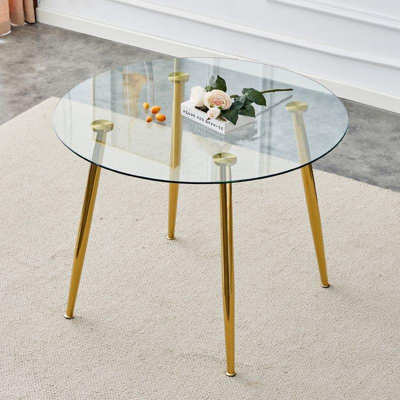 Round Glass Dining Table, 40 Inch Modern Minimalist Dining Table With Gold Plated Metal Legs, Non-Slip Rubber Pads, Golden