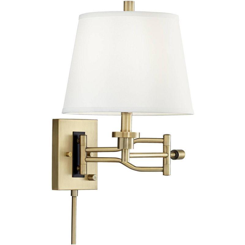 Barnes and Ivy Eleganta Vintage Swing Arm Wall Lamps Set of 2 Brushed Satin Brass Plug-In Light Fixture White Linen for Bedroom