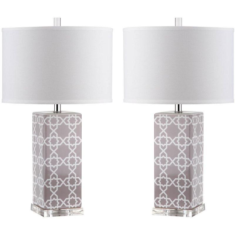 Quatrefoil Grey and White Ceramic Table Lamp Set with Cotton Shade