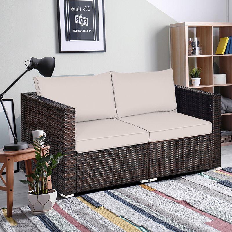 Tangkula 2PCS Rattan Corner Sofa Set Patio Outdoor Furniture Set w/ 4 Beige Cushions