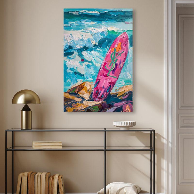 Art Remedy Pink Surfboard On The Beach Wall Art by Art Remedy