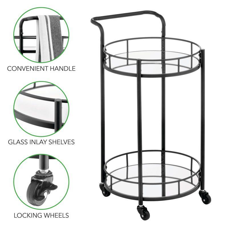 Black Round Metal Rolling Bar Cart with Glass Shelves