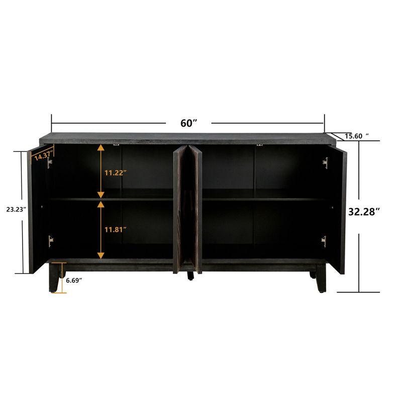 60" Mid Century Sideboard Buffet Kitchen Storage Cabinet, with 4 Convex pattern diamond Doors and 2 Shelves Accent, for Entrance, Hall, Antique Brown