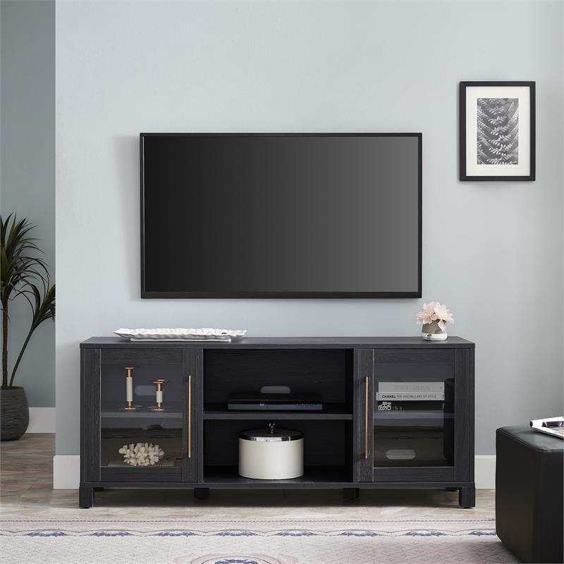 Charcoal Gray Rectangular TV Stand with Glass Doors