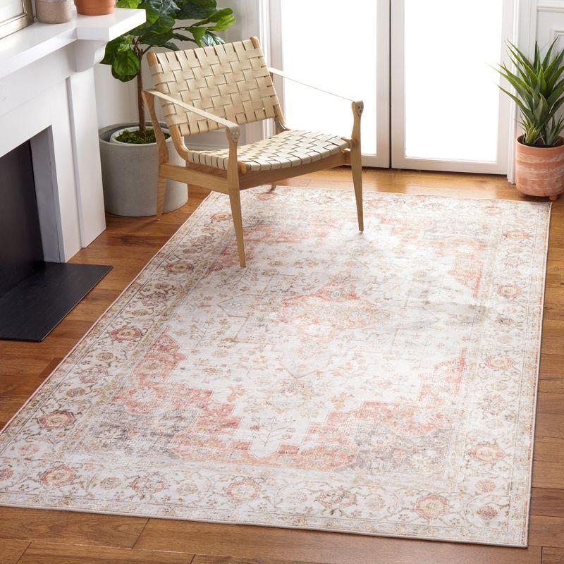 Light Grey and Rust Round Washable Synthetic Area Rug