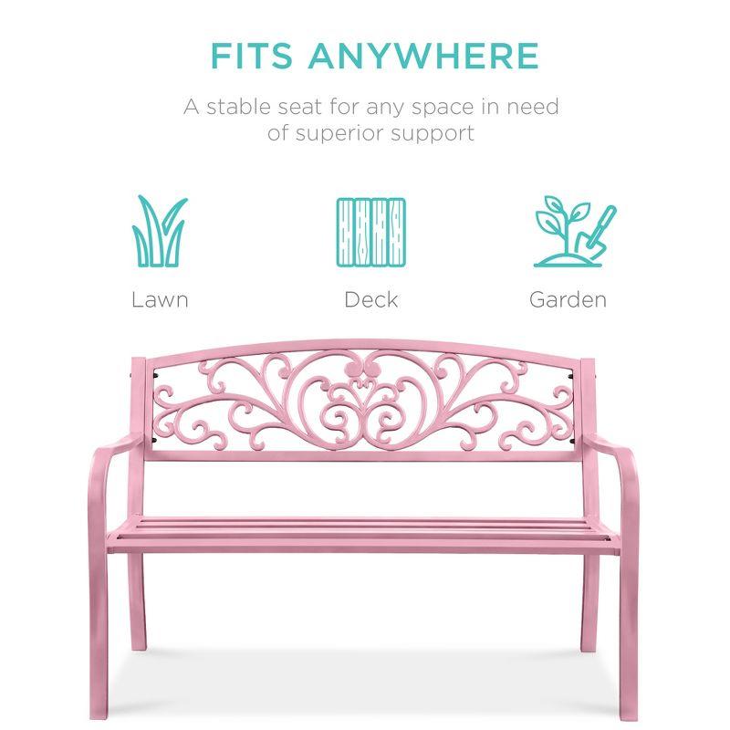 World Menagerie Outdoor Steel Bench with Floral Backrest & Slatted Seat, Marigold for Garden, Patio, Porch, Lawn, and Deck