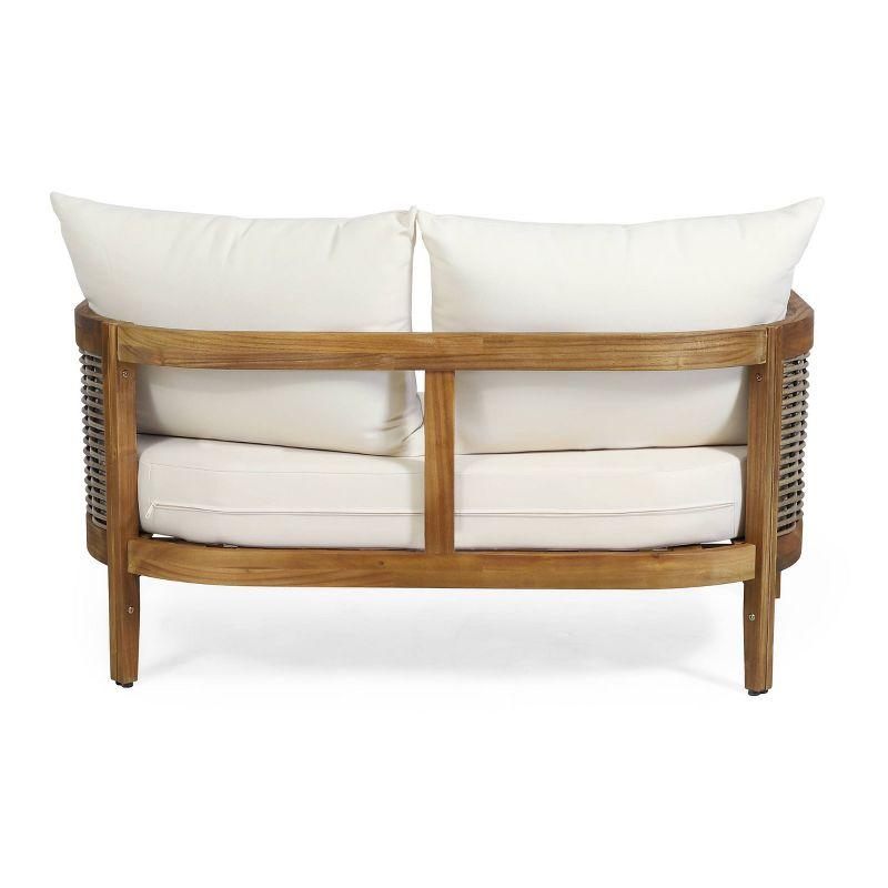 Burchett Outdoor Acacia Wood 4 Seater Chat Set with Cushions: Wicker Accents, UV-Resistant - Christopher Knight Home