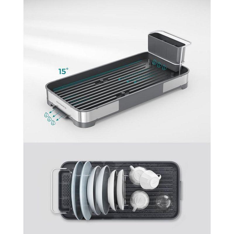SONGMICS Dish Drying Rack, Dish Dryer for Kitchen Counter, Stainless Steel Dish Rack with Drain, Utensil Holder, Rustproof Gray