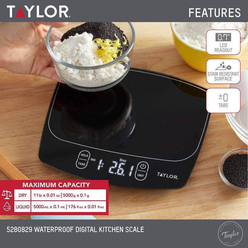 Taylor Waterproof Digital Kitchen 11 lb Food Scale Black: LCD Display, Battery Powered, Measures Grams & Ounces