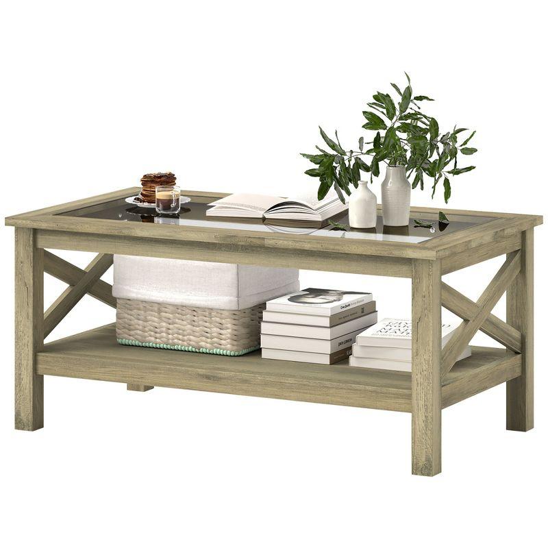 HOMCOM Farmhouse Style Coffee Table with Wood Frame, Tempered Glass Tabletop and Underneath Storage Shelf for Living Room, Gray