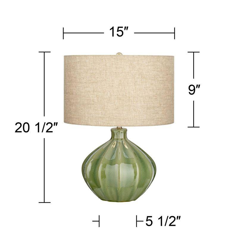 Handcrafted Ribbed Green Ceramic Table Lamp with Oatmeal Drum Shade