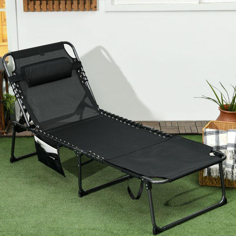 Outsunny Folding Chaise Lounge w/ 5-level Reclining Back, Outdoor Tanning Chair w/ Reading Hole, Outdoor Lounge Chair w/ Side Pocket, Headrest, Black