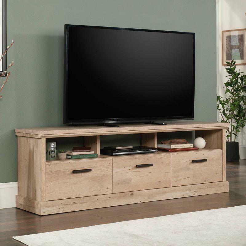 Sauder Aspen Post Entertainment Center: Holds 70" TV, 3 Drawers, 3 Cubbies, Farmhouse Style