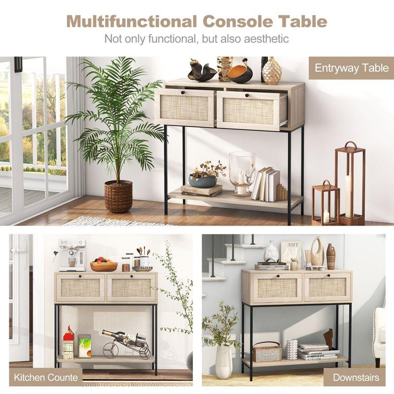 Tangkula Console Table Entryway Table Long Sofa Side Table w/ Open Shelf & Rattan Drawers