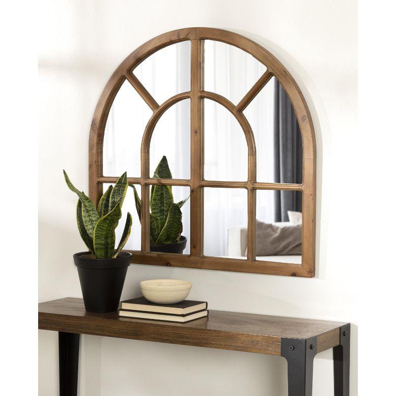 Rustic Brown Wood Arched Windowpane Wall Mirror