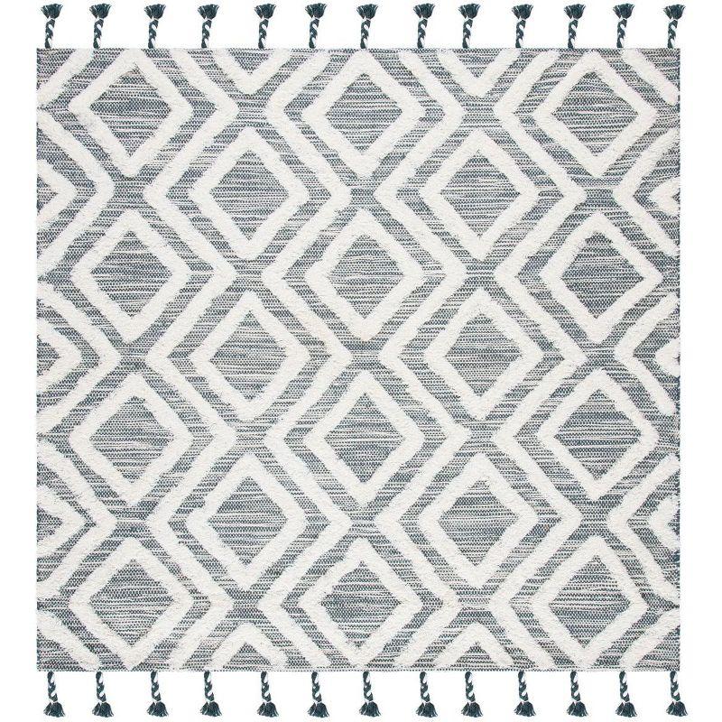 Ivory Wool Hand-Knotted 7' Square Tribal Design Area Rug